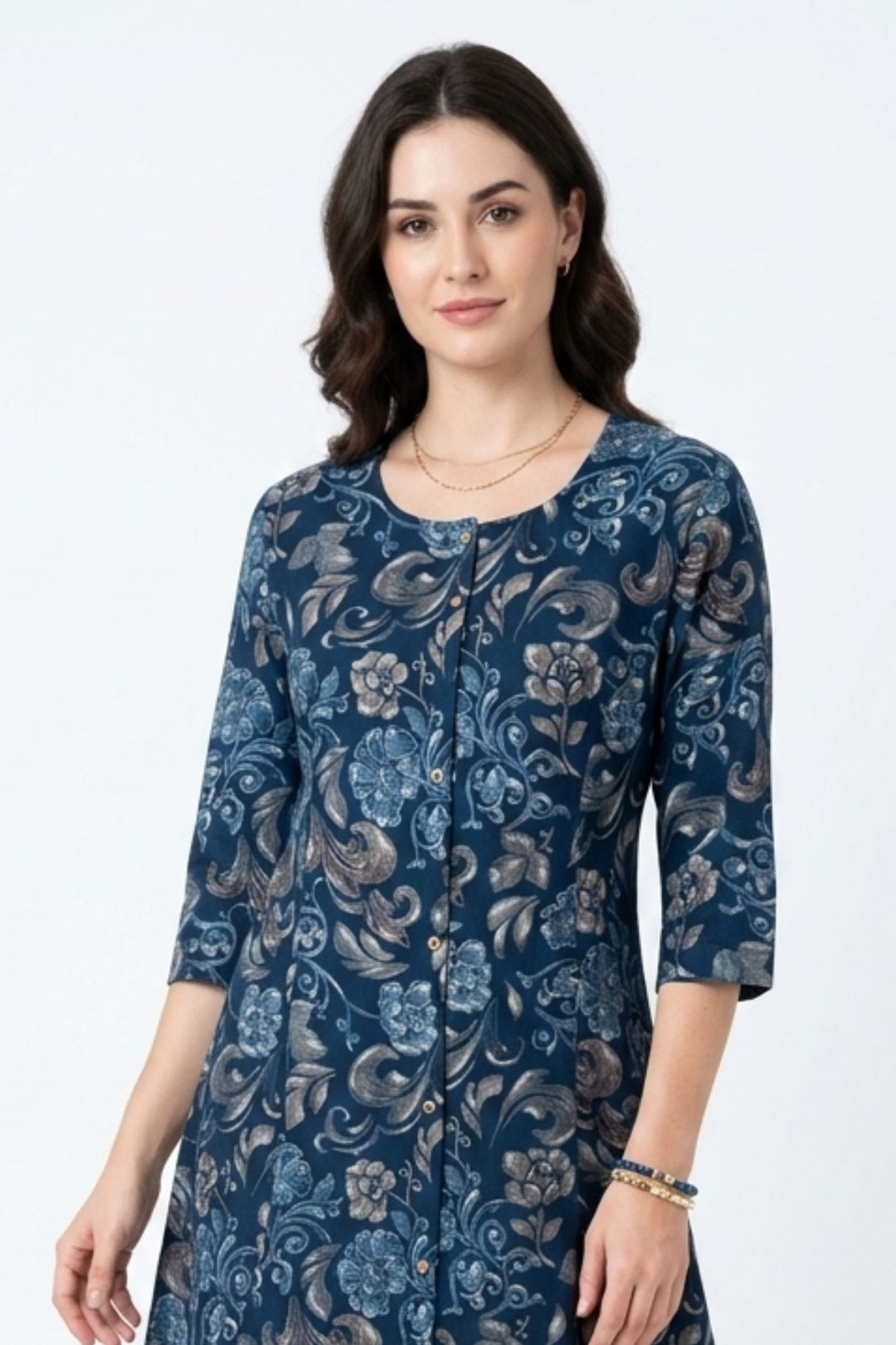 Navy Blue Digital Print A-Line Cut Calf Length Kurti