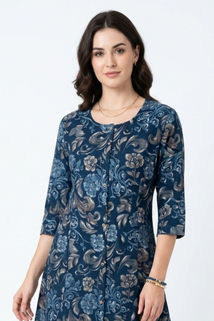 Navy Blue Digital Print A-Line Cut Calf Length Kurti
