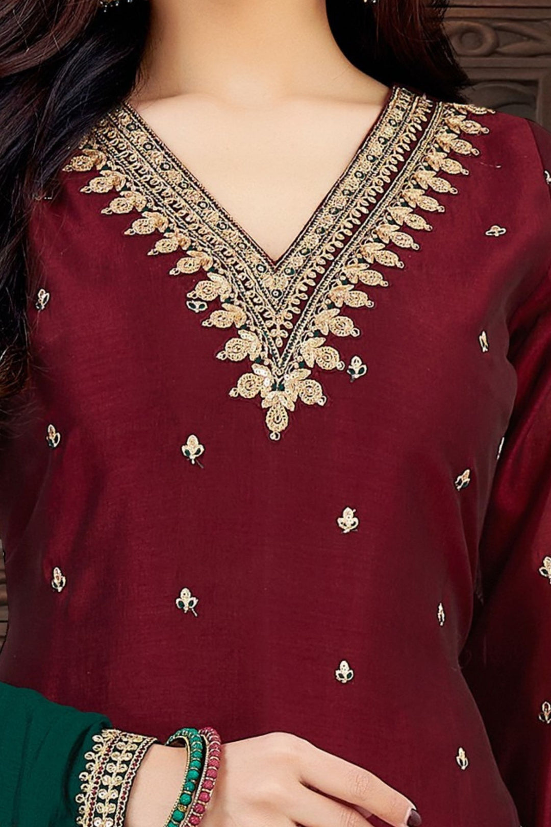 Maroon Sequins, Zari, Beads and Thread work Straight Cut Salwar Suit