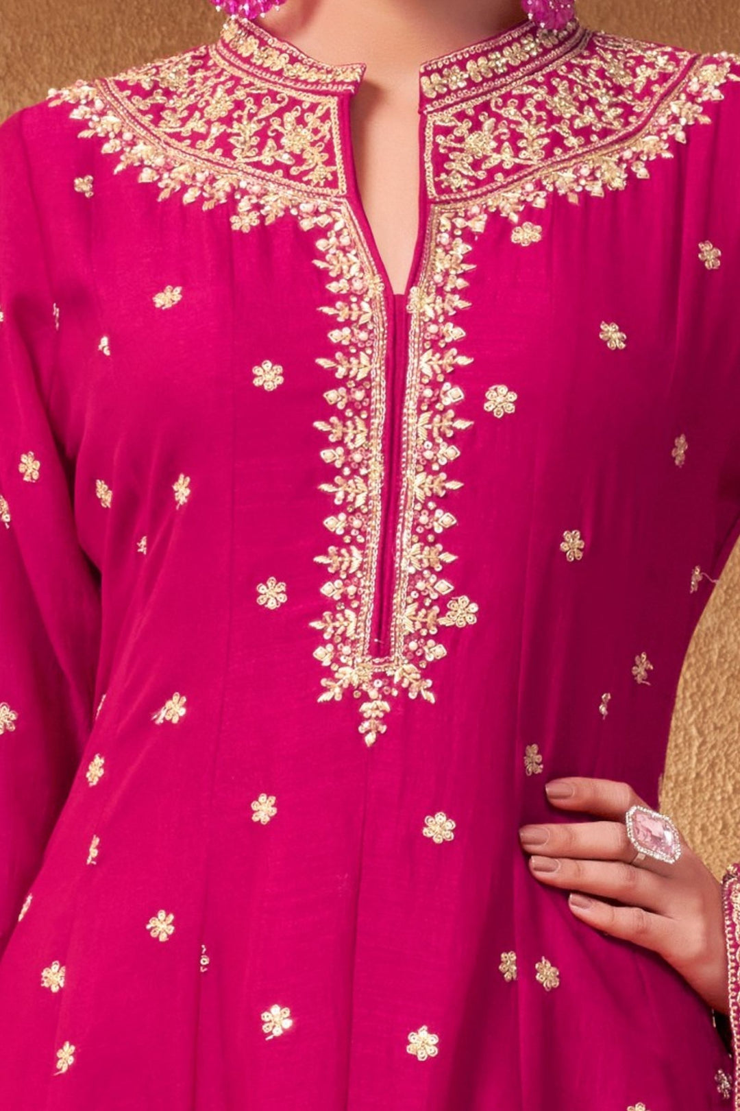Rani Pink Zari, Zardozi, Sequins and Stone work A-line Cut Salwar Suit