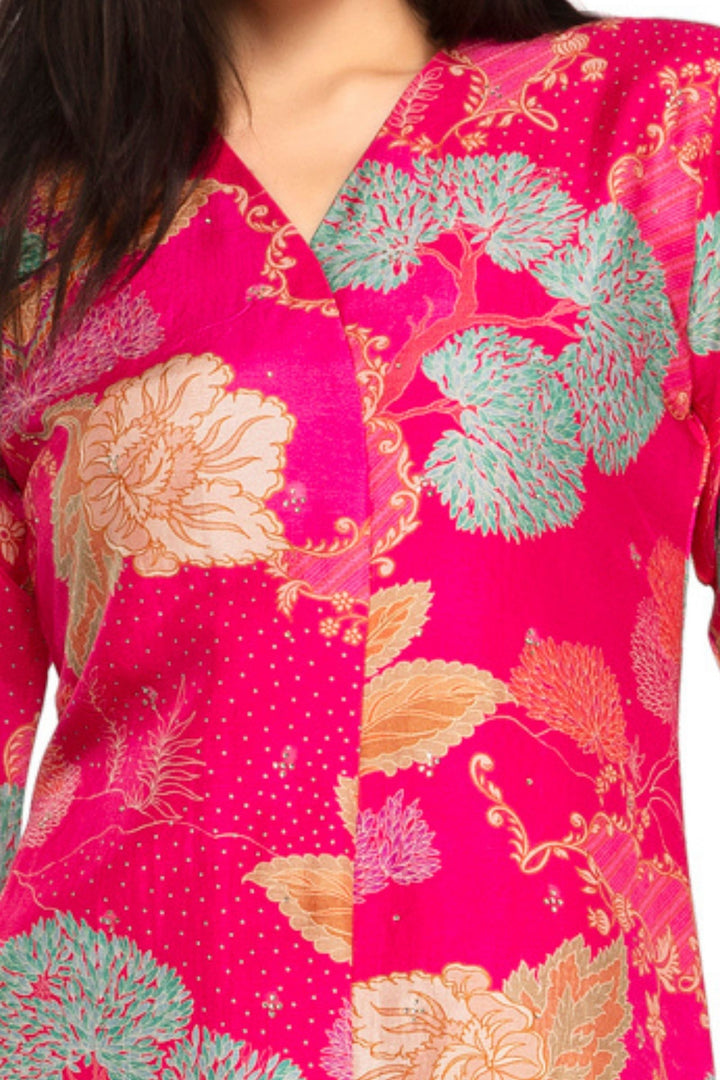 Rani Pink Floral Print with Stone work Calf Length Kurti