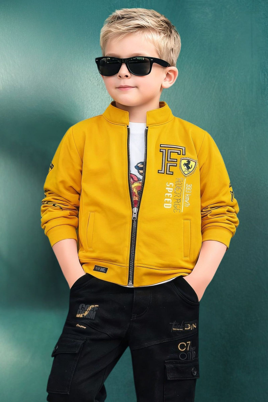 Yellow Boys Jacket Set with White Printed T-Shirt and Black Cargo Pants