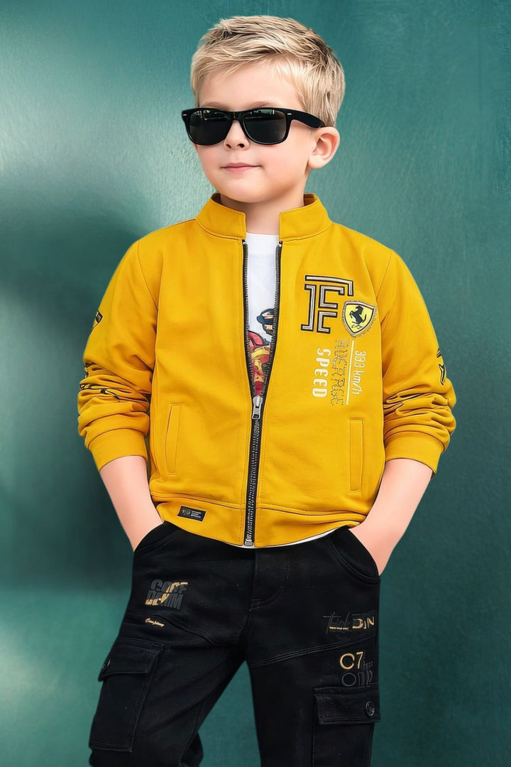 Yellow Boys Jacket Set with White Printed T-Shirt and Black Cargo Pants