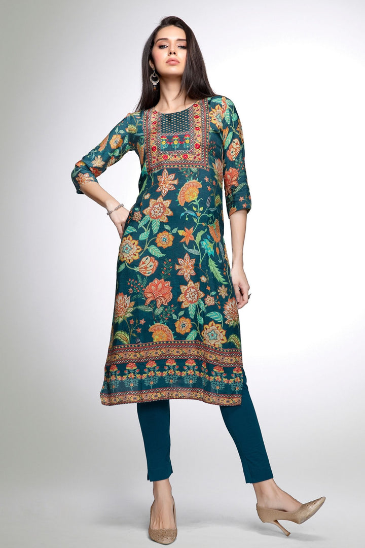 Green Mirror and Embroidery work with Floral Print Calf Length Kurti