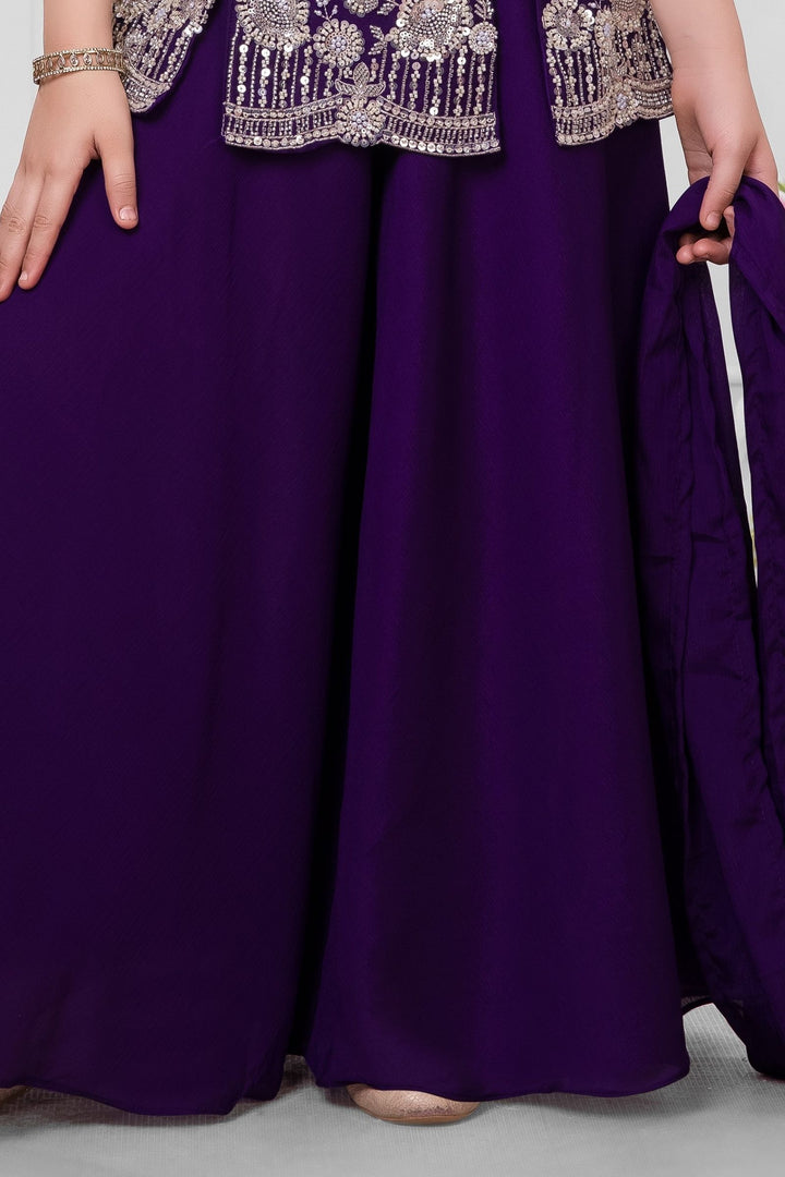 Dark Purple Sequins, Beads and Thread work Palazzo Suit Set for Girls