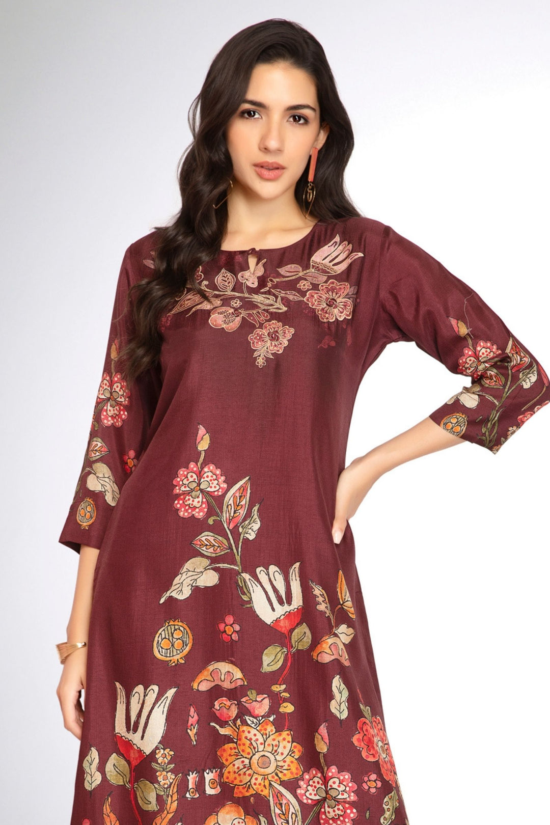Maroon Floral Print Calf Length Kurti