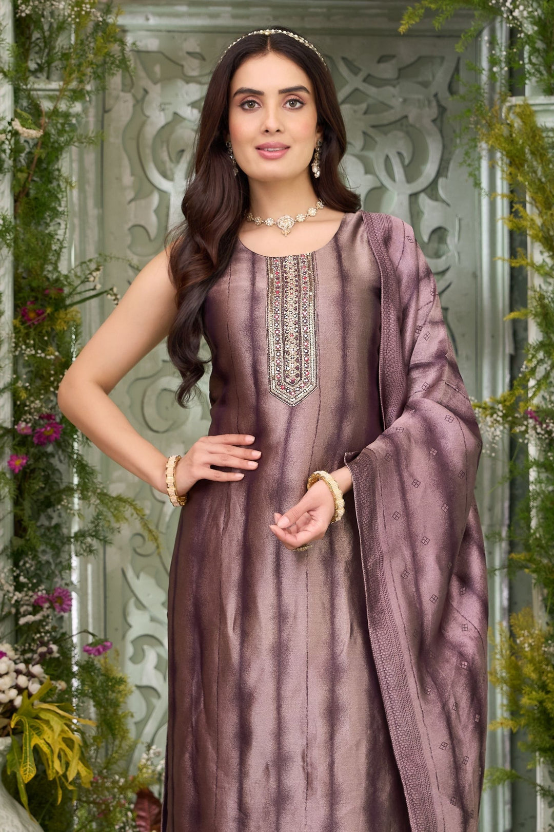 Wine Mirror, Zardozi, Beads, Stone and Sequins work Straight Cut Salwar Suit