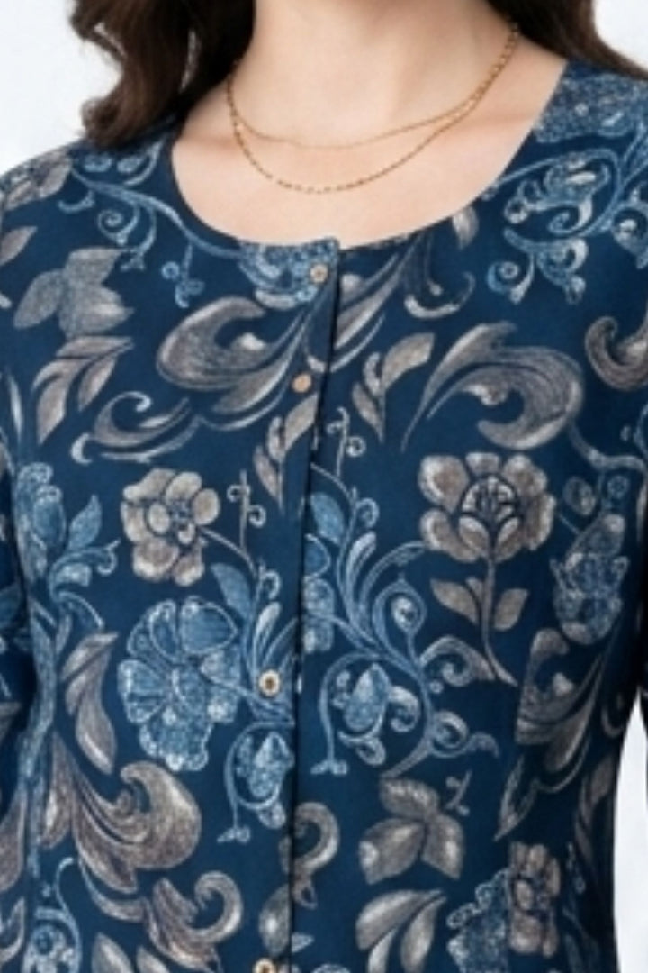Navy Blue Digital Print A-Line Cut Calf Length Kurti