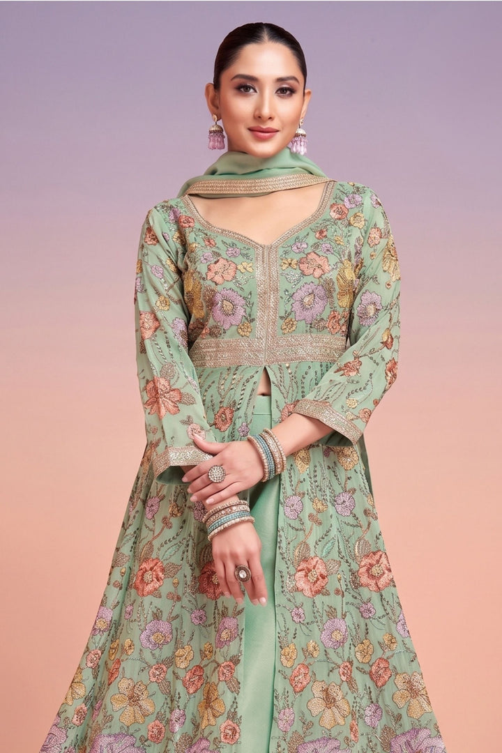 Sea Blue Floral Embroidery, Sequins and Zari work Mastani Styled Palazzo Suit