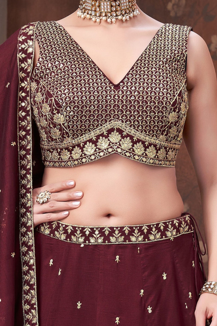 Wine Sequins and Zari work Crop Top Lehenga