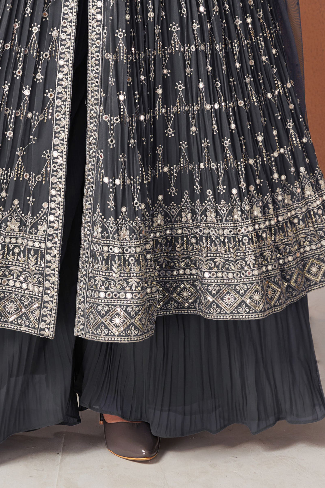 Grey Sequins, Zari and Thread work Salwar Suit with Palazzo Pants