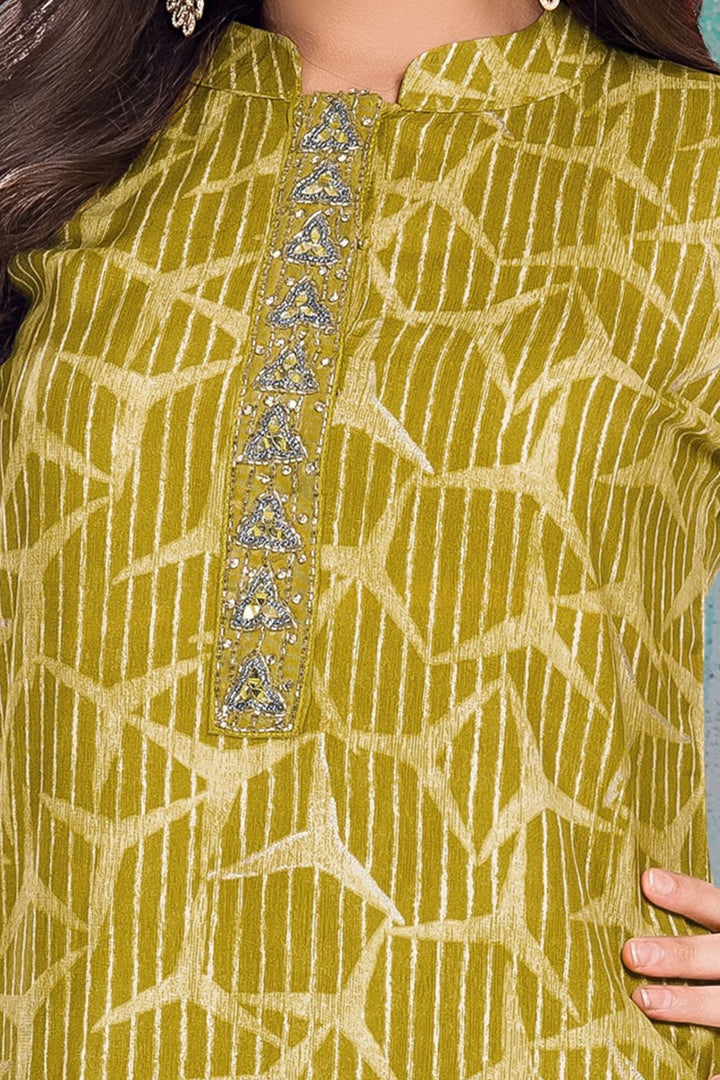 Green Mirror and Beads work with Printed Straight Cut Salwar Suit for Girls