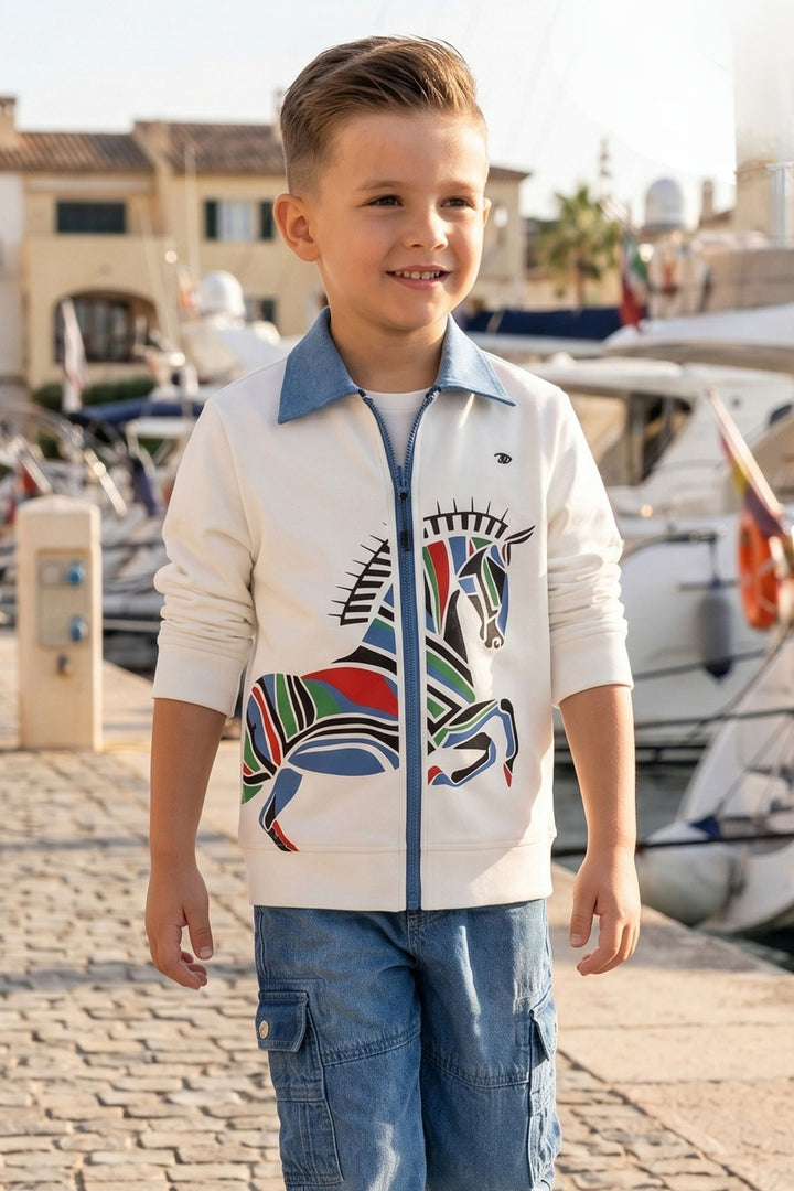 White Blazer, Printed T-Shirt and Blue Pant Set for Boys
