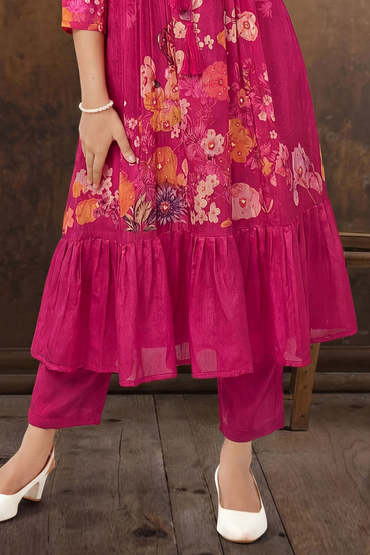 Rani Pink Floral Print Casual Kurti for Girls
