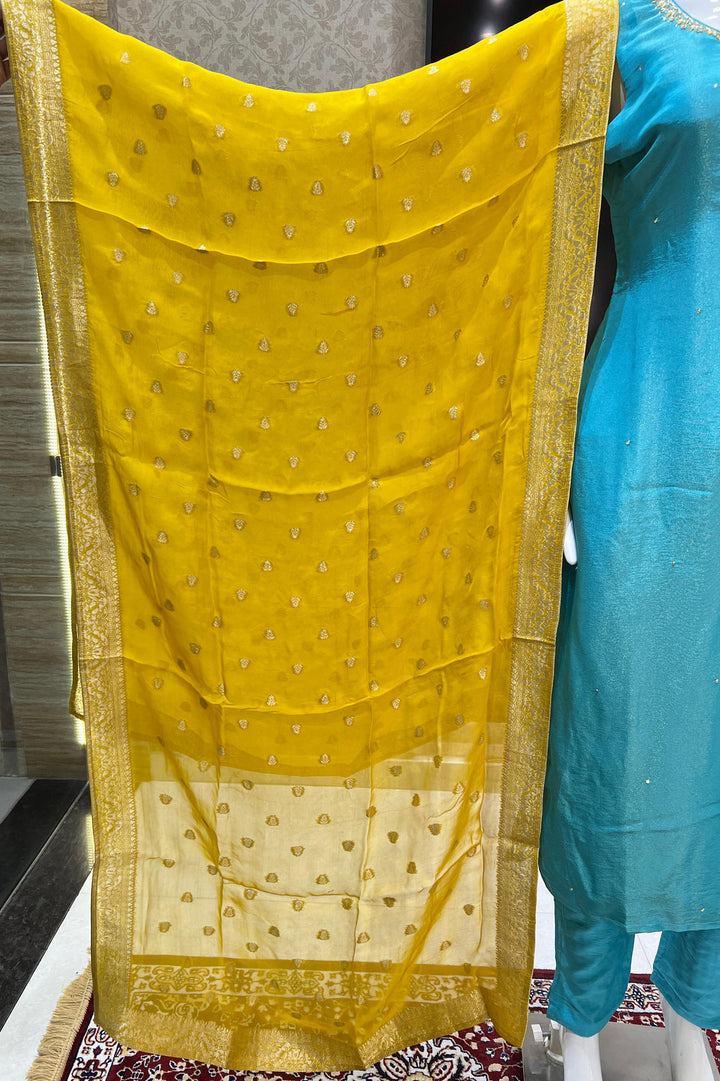 Sky Blue Zardozi, Beads, Zari and Stone work Straight Cut Salwar Suit