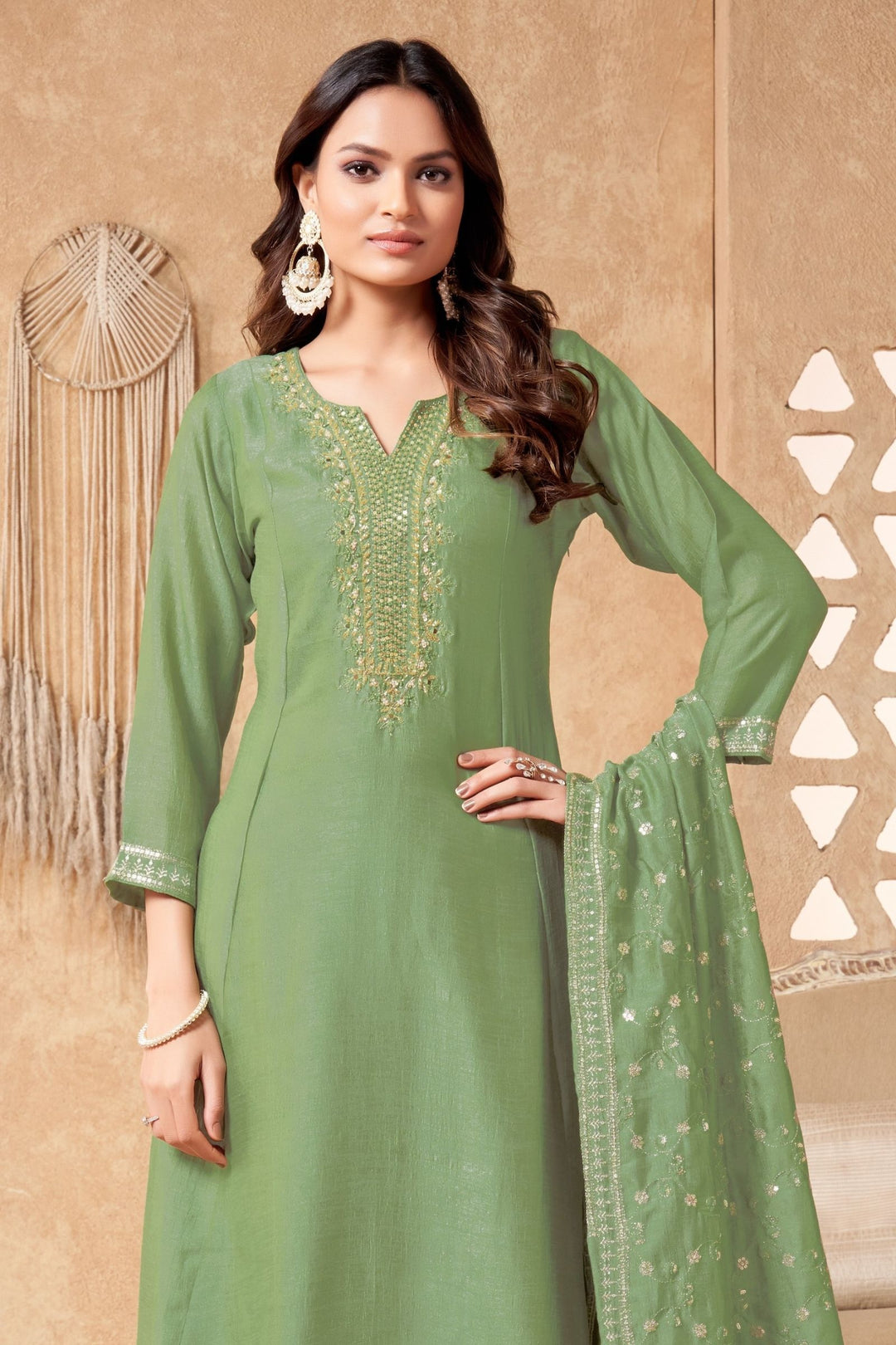 Pista Green Sequins, Beads, Mirror and Zari work A-line Cut Anarkali Styled Salwar Suit