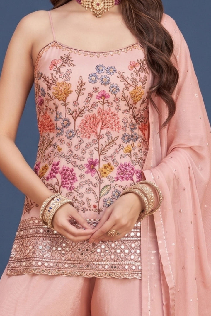 Peach Multicolor Embroidery, Sequins, Zari and Beads work Palazzo Salwar Suit