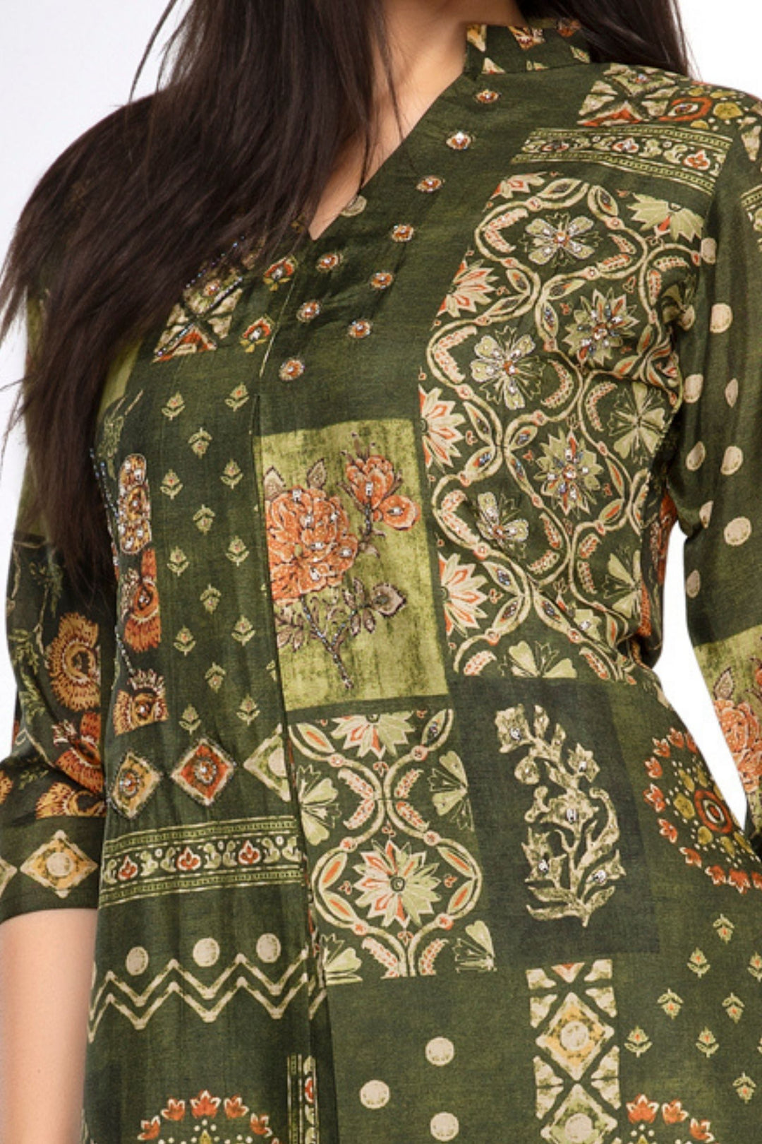 Green Sequins, Beads and Zari work with Digital Print A-line Cut Calf Length Kurti