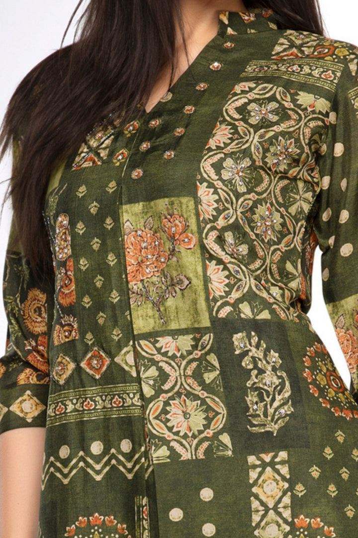Green Sequins, Beads and Zari work with Digital Print A-line Cut Calf Length Kurti