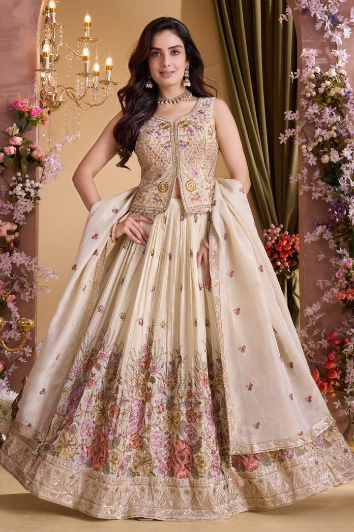 Cream Multicolor Embroidery, Stone, Sequins, Beads and Zardozi work Top with Lehenga