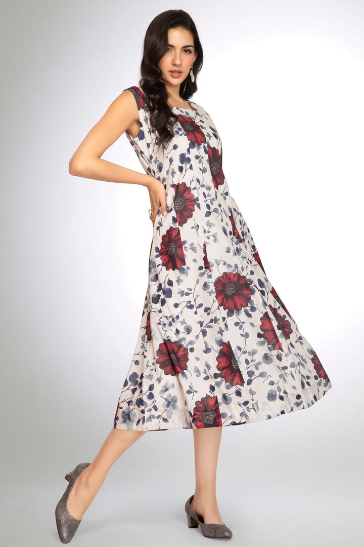 Half White with Floral Print Anarkali Styled Kurti