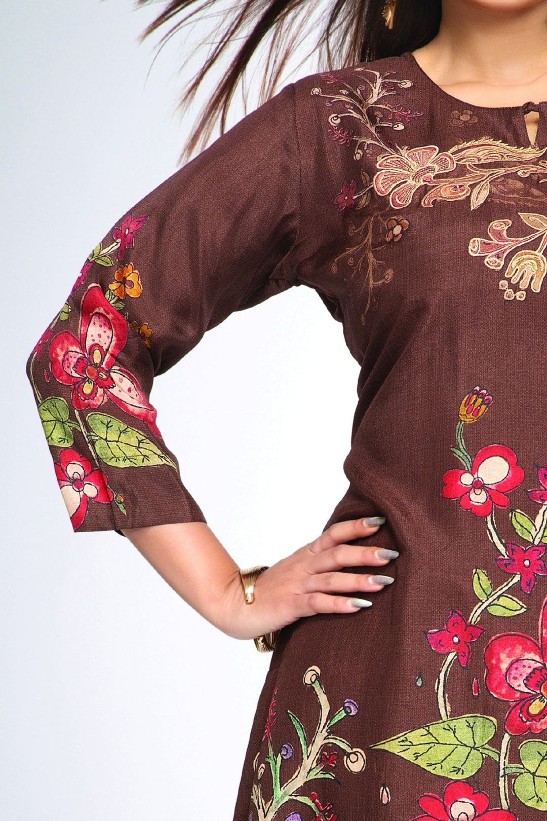Coffee Brown Floral Print Straight Kurta Set
