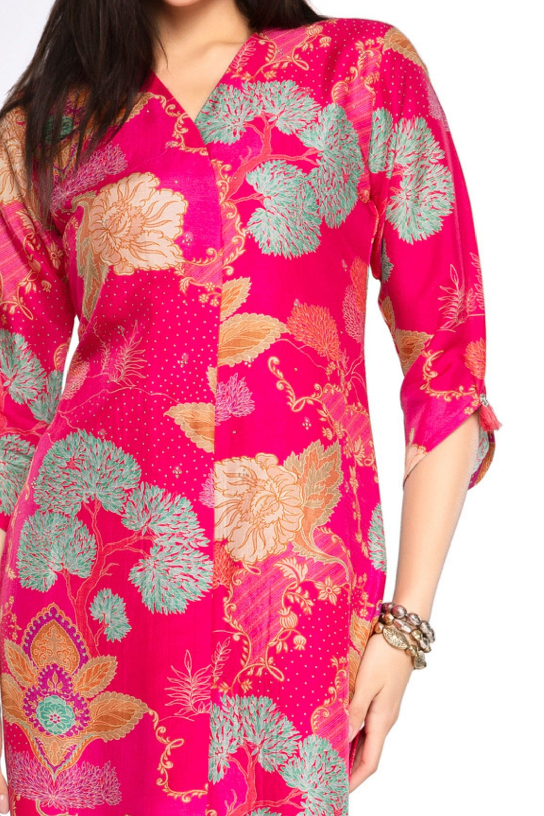 Rani Pink Floral Print with Stone work Calf Length Kurti