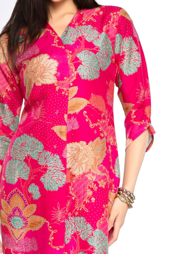 Rani Pink Floral Print with Stone work Calf Length Kurti