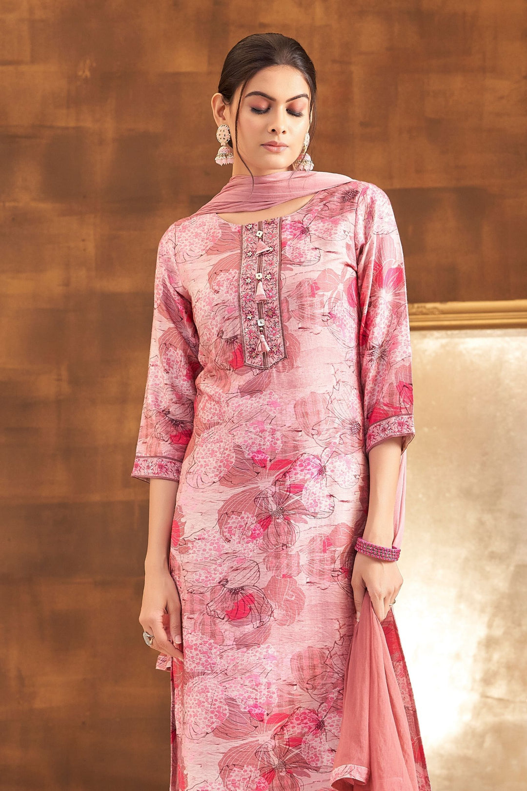 Pink Thread and Sequins work with Digital Print Straight Cut Salwar Suit