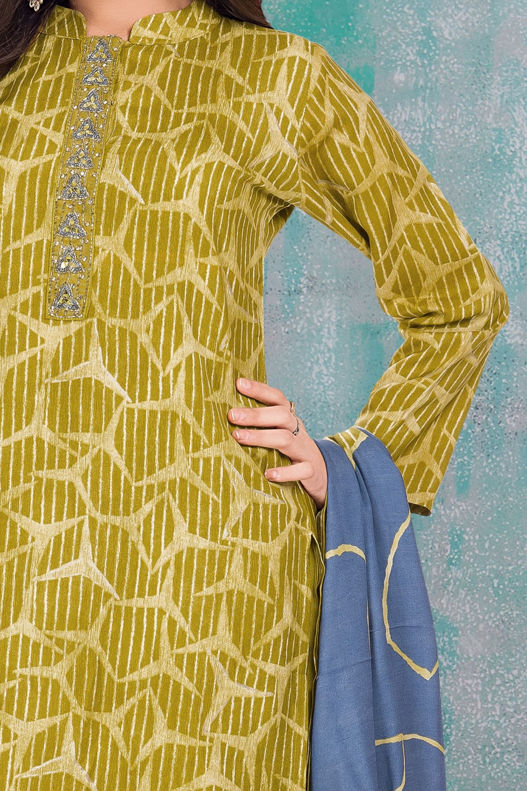 Green Mirror and Beads work with Printed Straight Cut Salwar Suit for Girls