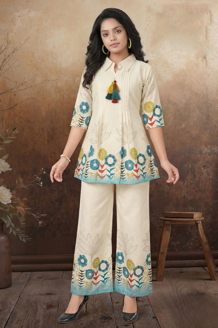 Half White Multicolor Digital Print Co-ord Set for Girls