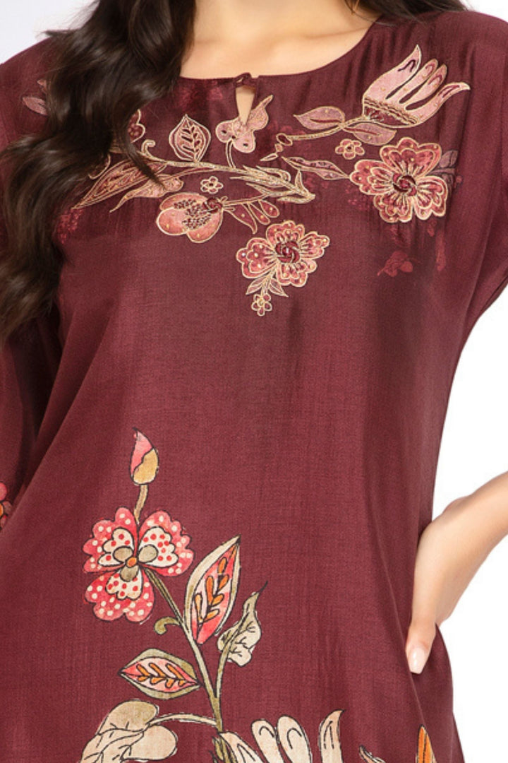 Maroon Floral Print Calf Length Kurti