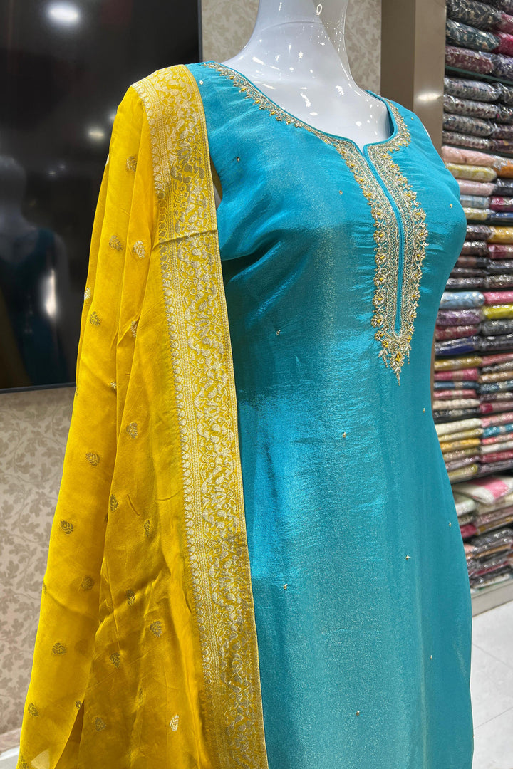 Sky Blue Zardozi, Beads, Zari and Stone work Straight Cut Salwar Suit