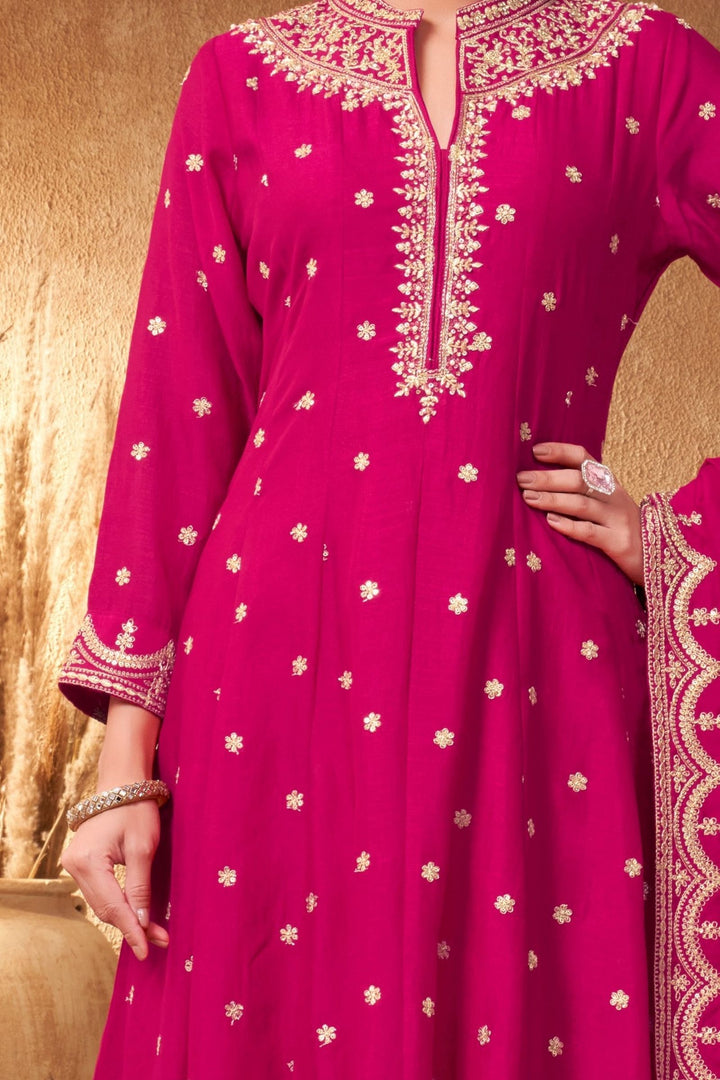Rani Pink Zari, Zardozi, Sequins and Stone work A-line Cut Salwar Suit