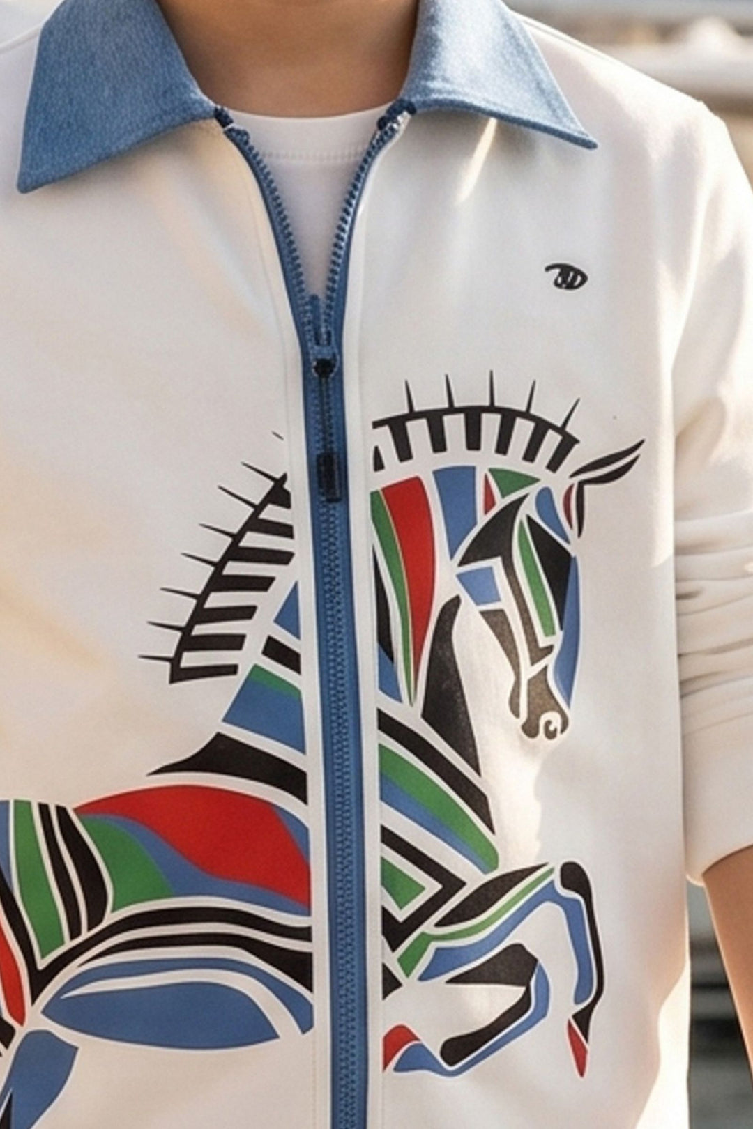 White Blazer, Printed T-Shirt and Blue Pant Set for Boys