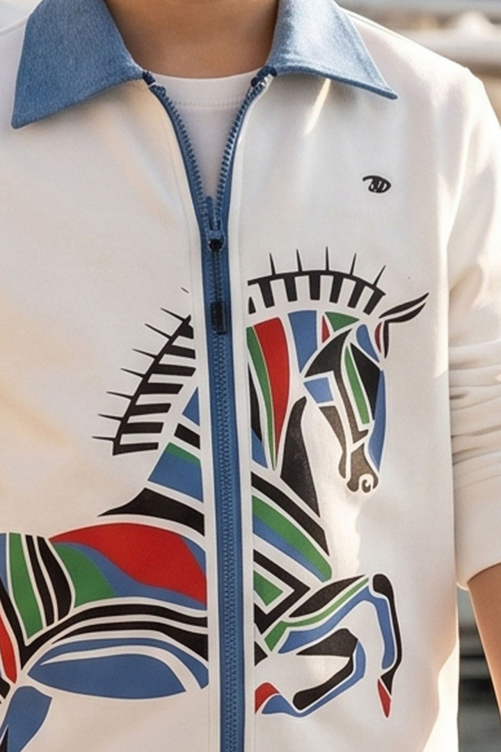White Blazer, Printed T-Shirt and Blue Pant Set for Boys