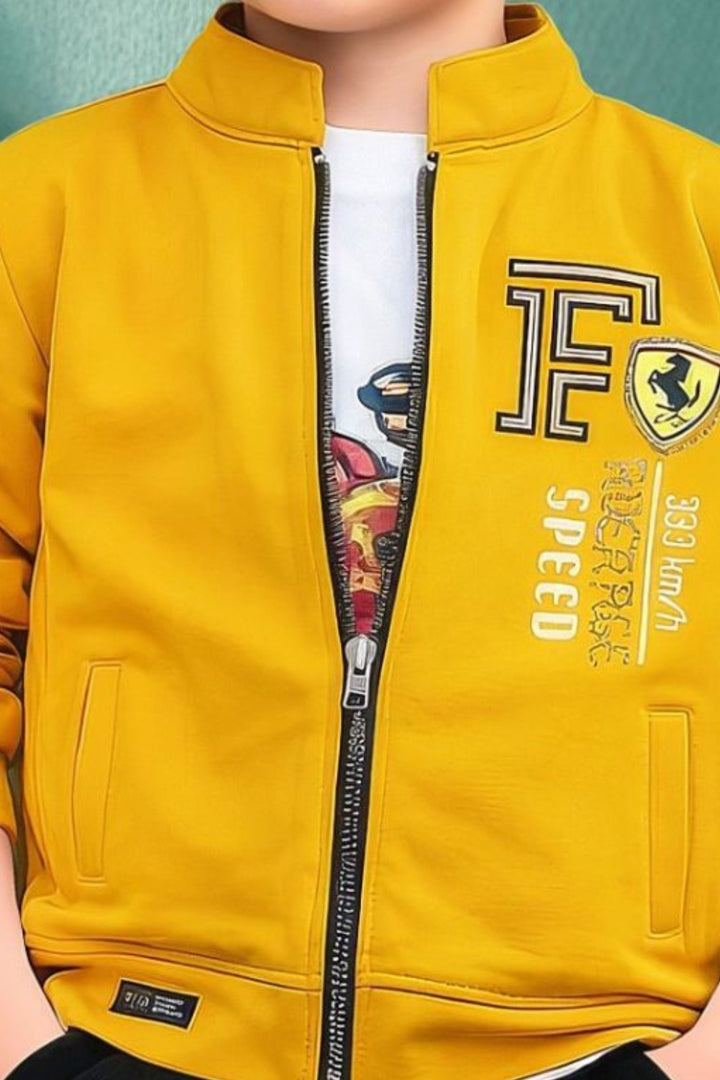 Yellow Boys Jacket Set with White Printed T-Shirt and Black Cargo Pants