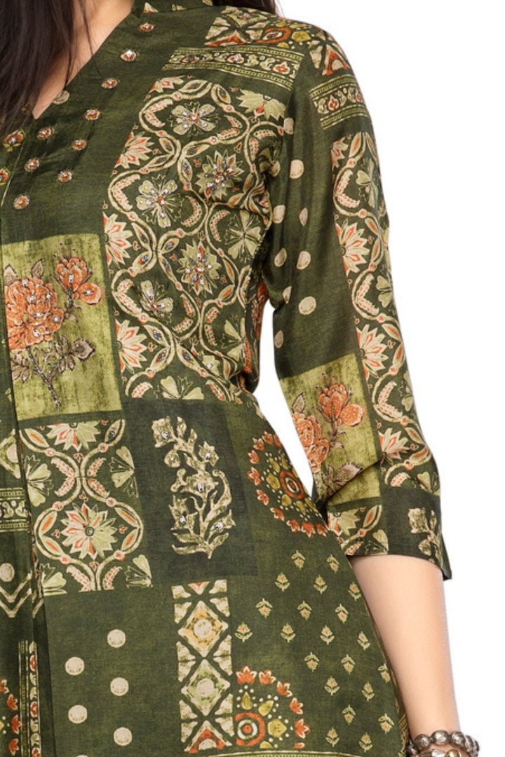 Green Sequins, Beads and Zari work with Digital Print A-line Cut Calf Length Kurti