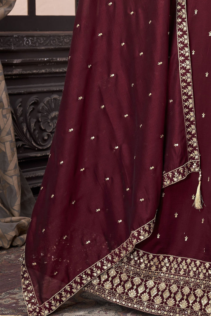 Wine Sequins and Zari work Crop Top Lehenga