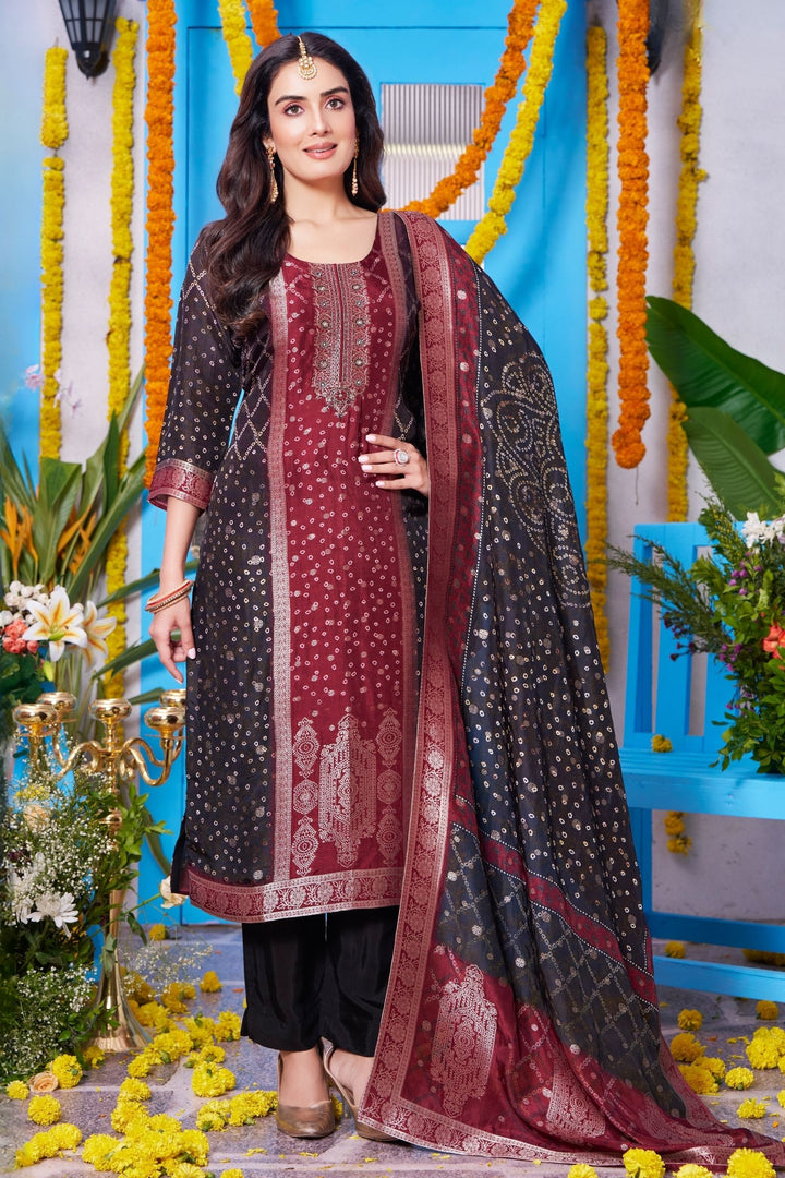 Wine with Maroon Bandini Print, Zardozi and Banaras work Straight Cut Salwar Suit