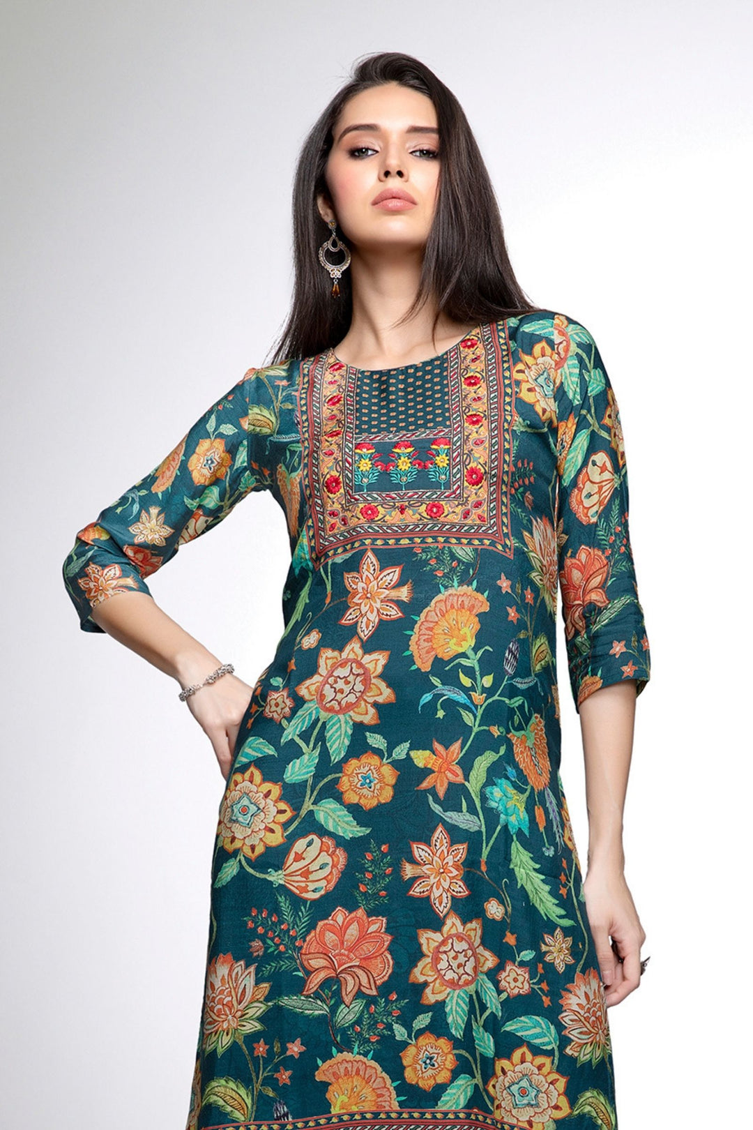 Green Mirror and Embroidery work with Floral Print Calf Length Kurti