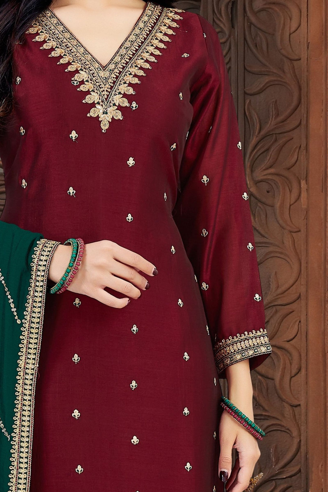 Maroon Sequins, Zari, Beads and Thread work Straight Cut Salwar Suit
