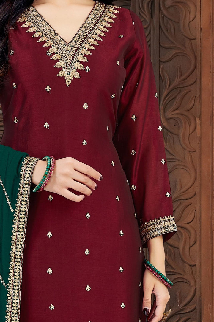 Maroon Sequins, Zari, Beads and Thread work Straight Cut Salwar Suit