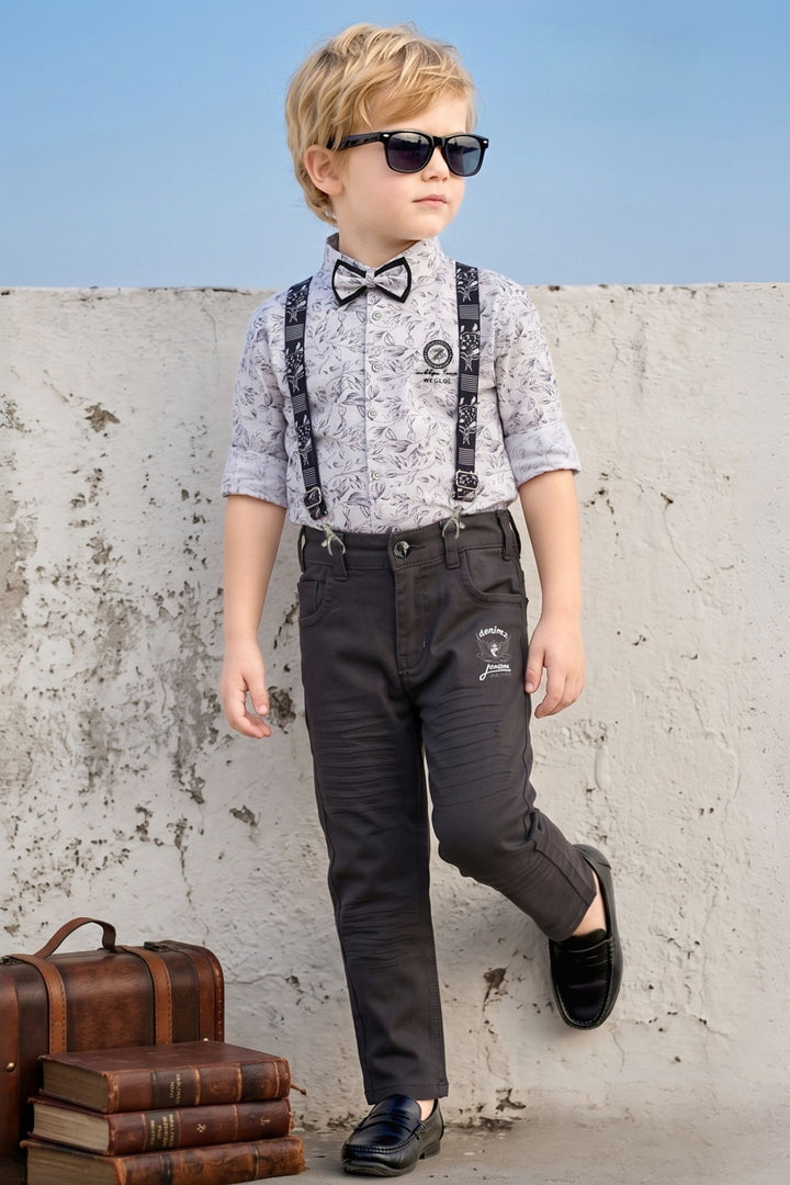 White with Dark Grey Digital Print Suspender Style Pant Shirt Set for Boys