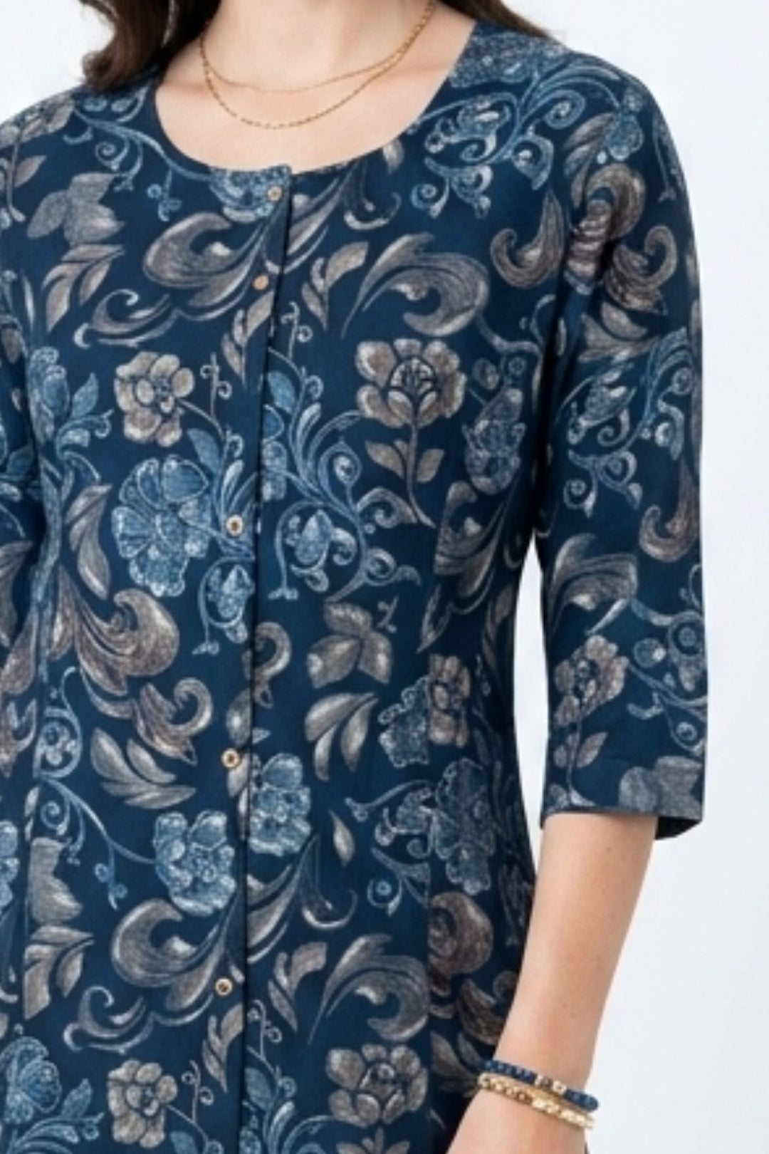 Navy Blue Digital Print A-Line Cut Calf Length Kurti