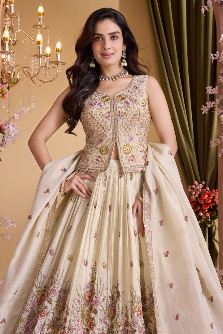Cream Multicolor Embroidery, Stone, Sequins, Beads and Zardozi work Top with Lehenga