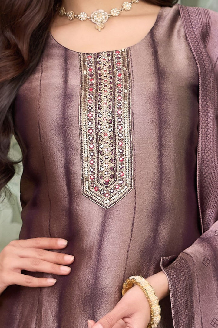 Wine Mirror, Zardozi, Beads, Stone and Sequins work Straight Cut Salwar Suit