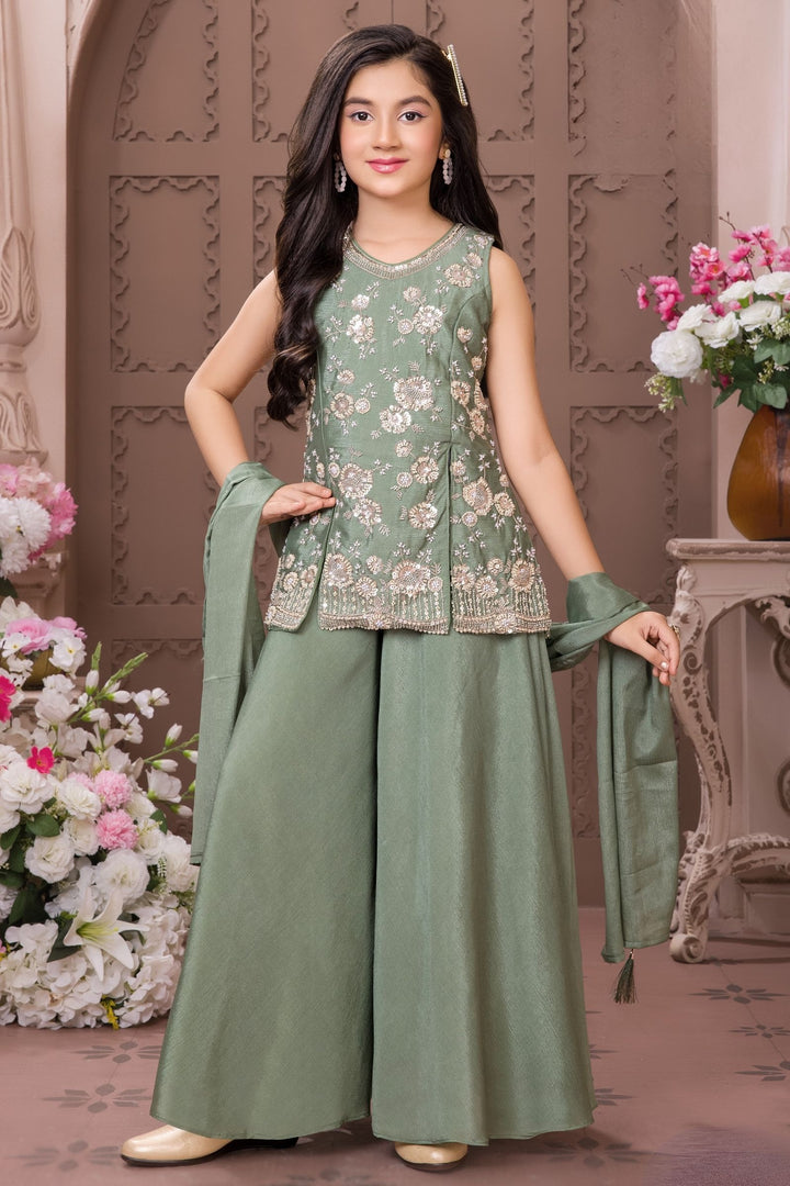 Mehendi Green Sequins, Beads and Thread work Palazzo Suit Set for Girls