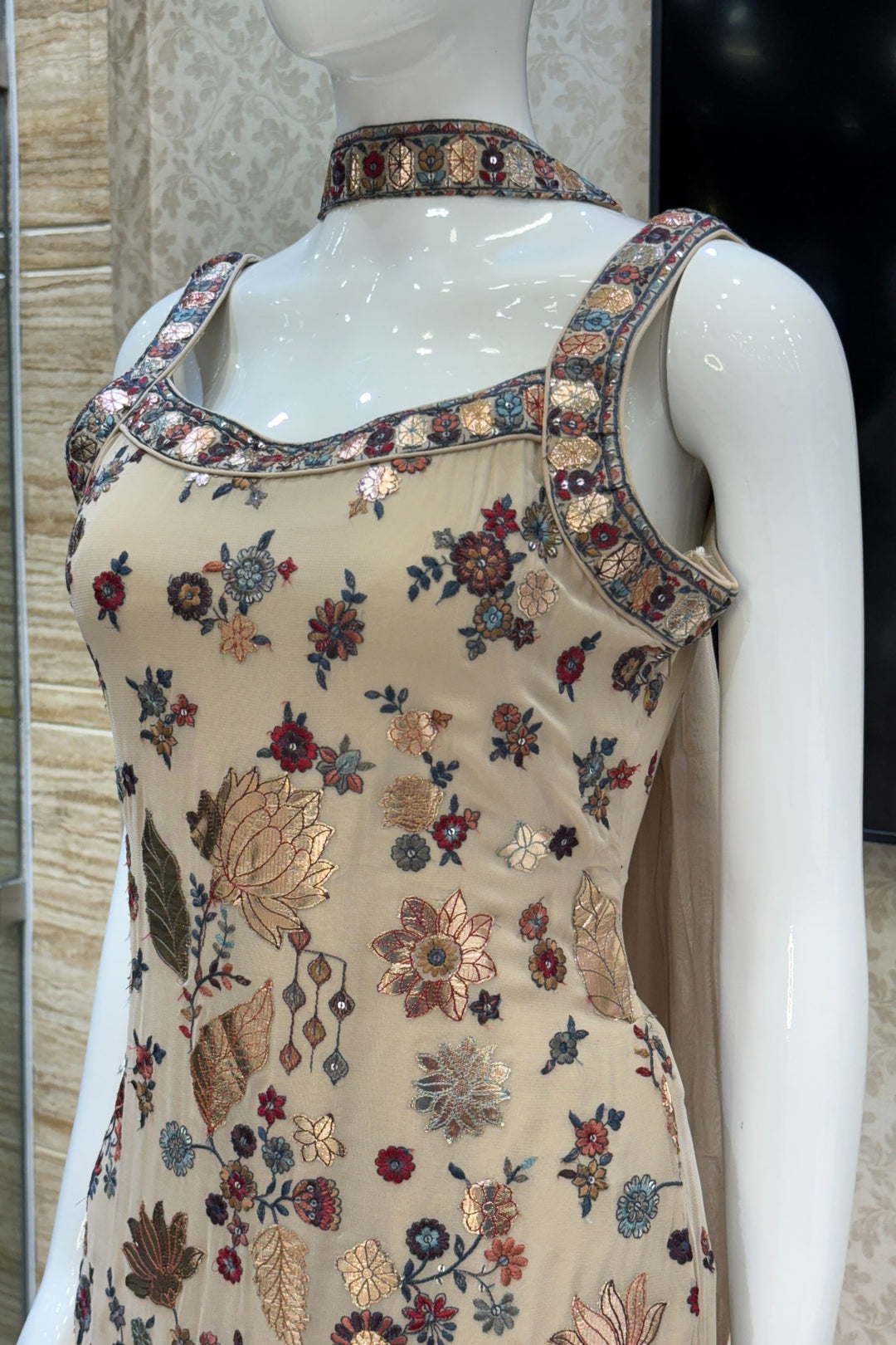 Chikoo Embroidery and Sequins work Straight Cut Salwar Suit