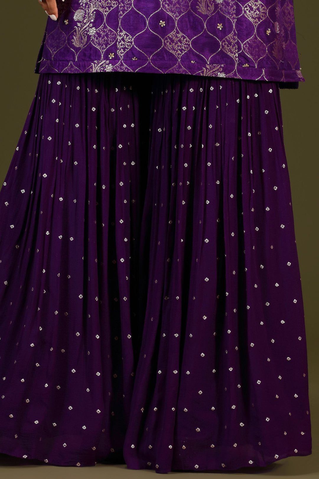 Purple Banaras, Sequins, Beads, Stone and Zardozi work Sharara Salwar Suit